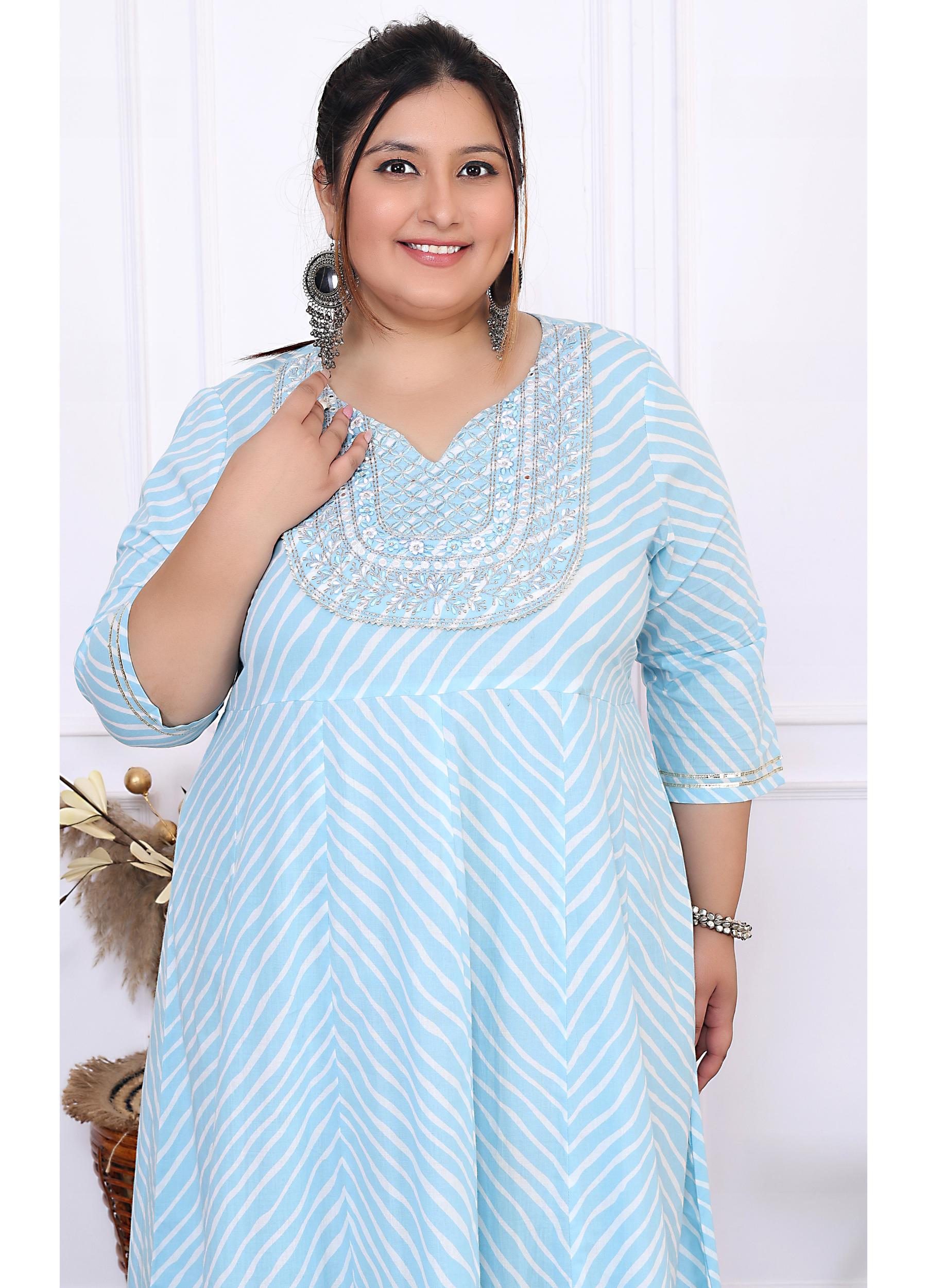 Plus Size Sky Blue Cotton Leheriya Print Embroidered Long Kurta (B16-Sky Blue)