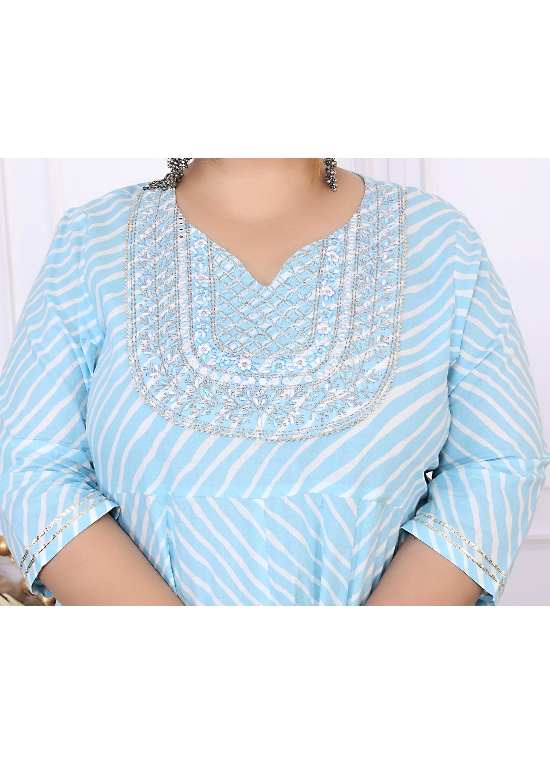 Plus Size Sky Blue Cotton Leheriya Print Embroidered Long Kurta (B16-Sky Blue)