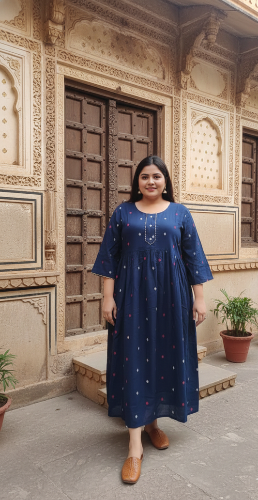 Blue Printed Anarkali Gown – Elegant Festive Wear