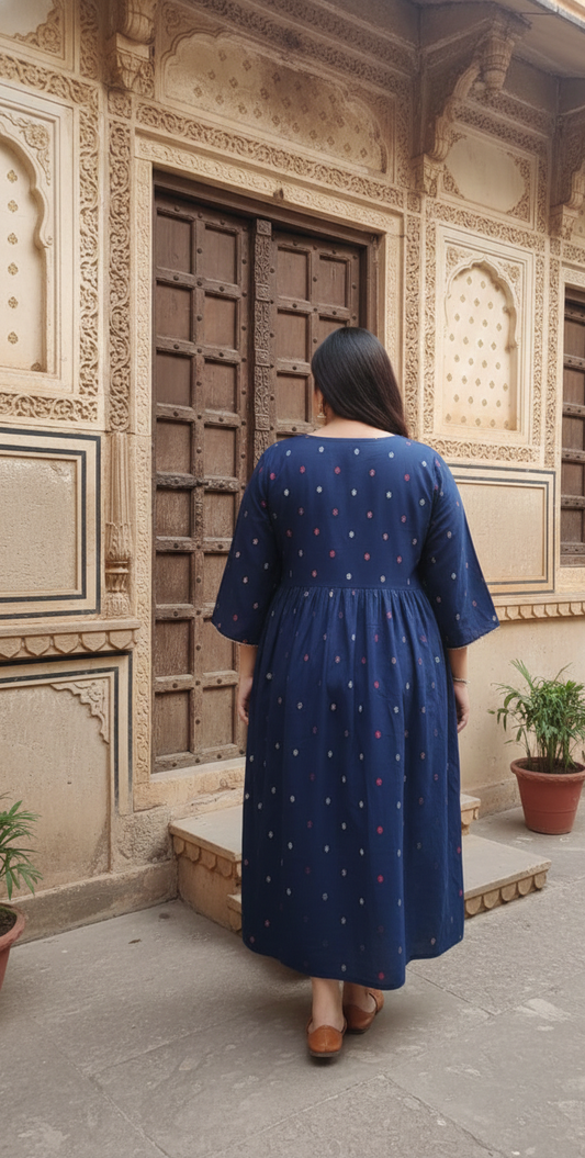 Blue Printed Anarkali Gown – Elegant Festive Wear