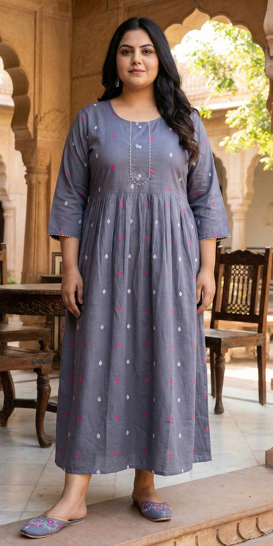 Grey Printed Anarkali Gown – Elegant Festive Wear