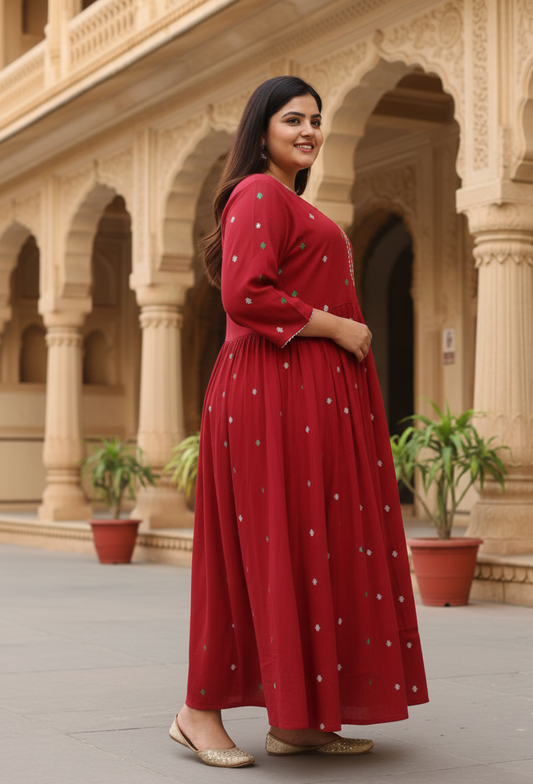 Red Printed Anarkali Gown – Elegant Festive Wear