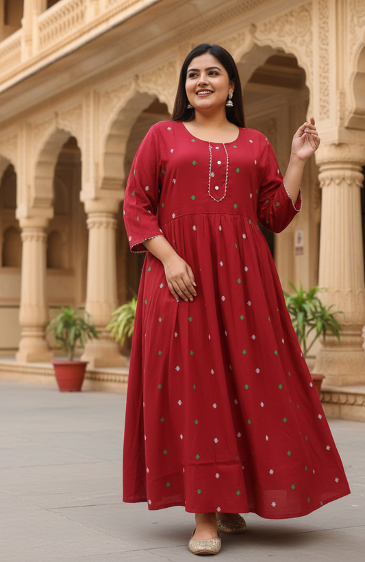 Red Printed Anarkali Gown – Elegant Festive Wear
