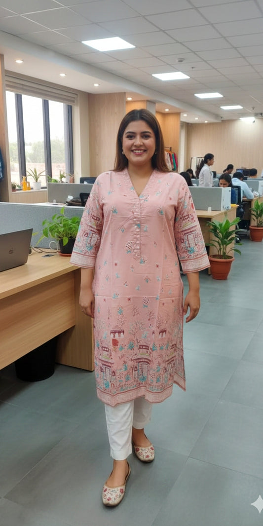 Premium Peach Heritage Print Straight Kurti for Women