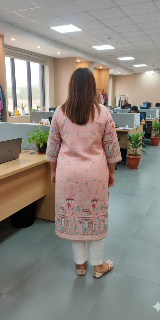 Premium Peach Heritage Print Straight Kurti for Women