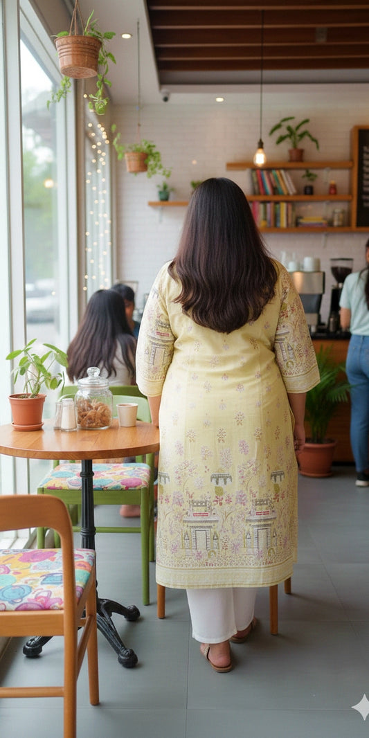 Premium Soft Yellow Heritage Print Straight Kurti for Women