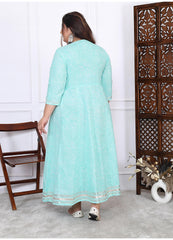 Plus Size Green Cotton Leheriya Print Embroidered Long Kurta (B17-Green)