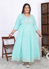 Plus Size Green Cotton Leheriya Print Embroidered Long Kurta (B17-Green)