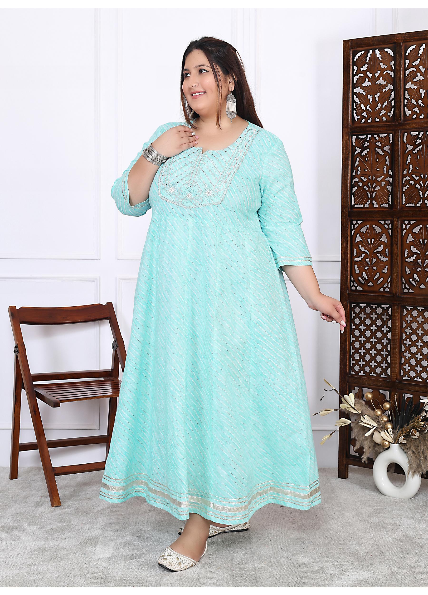 Plus Size Green Cotton Leheriya Print Embroidered Long Kurta (B17-Green)