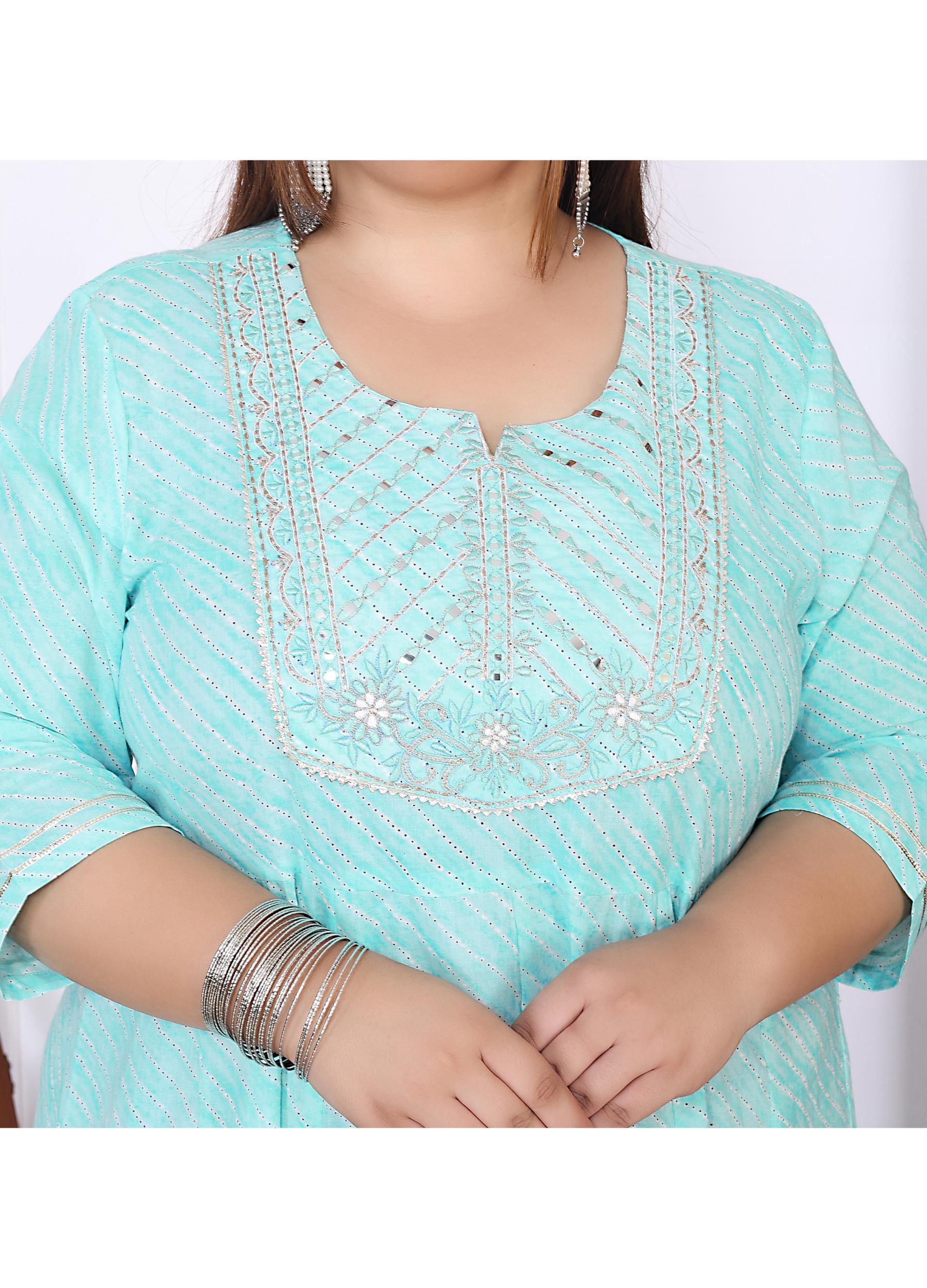 Plus Size Green Cotton Leheriya Print Embroidered Long Kurta (B17-Green)