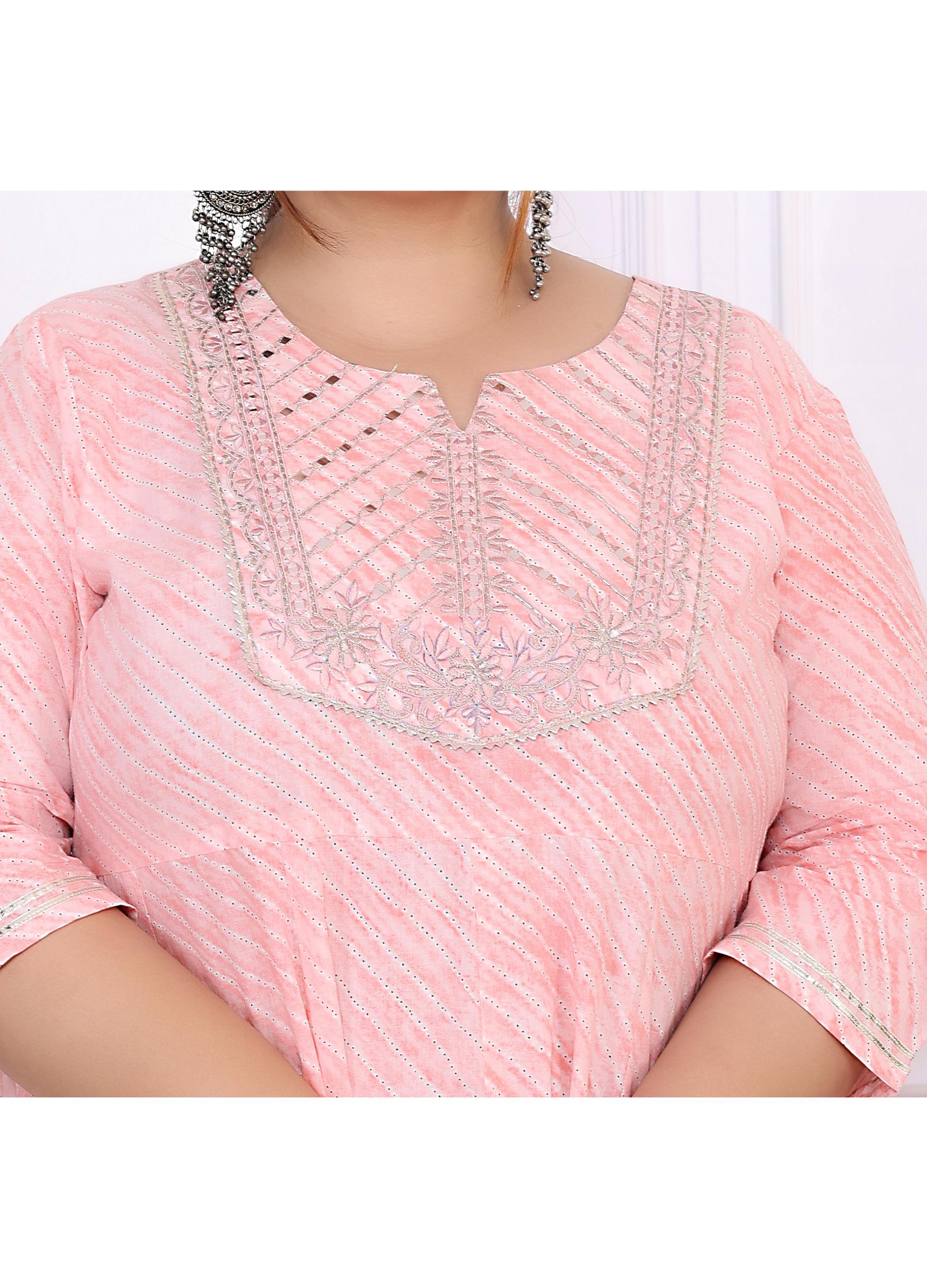 Plus Size Pink Cotton Leheriya Print Embroidered Long Kurta (B17-Pink)