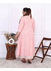 Plus Size Pink Cotton Leheriya Print Embroidered Long Kurta (B17-Pink)