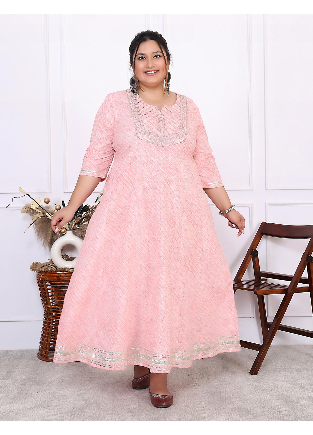 Plus Size Pink Cotton Leheriya Print Embroidered Long Kurta (B17-Pink)