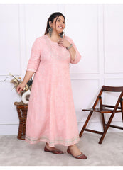 Plus Size Pink Cotton Leheriya Print Embroidered Long Kurta (B17-Pink)