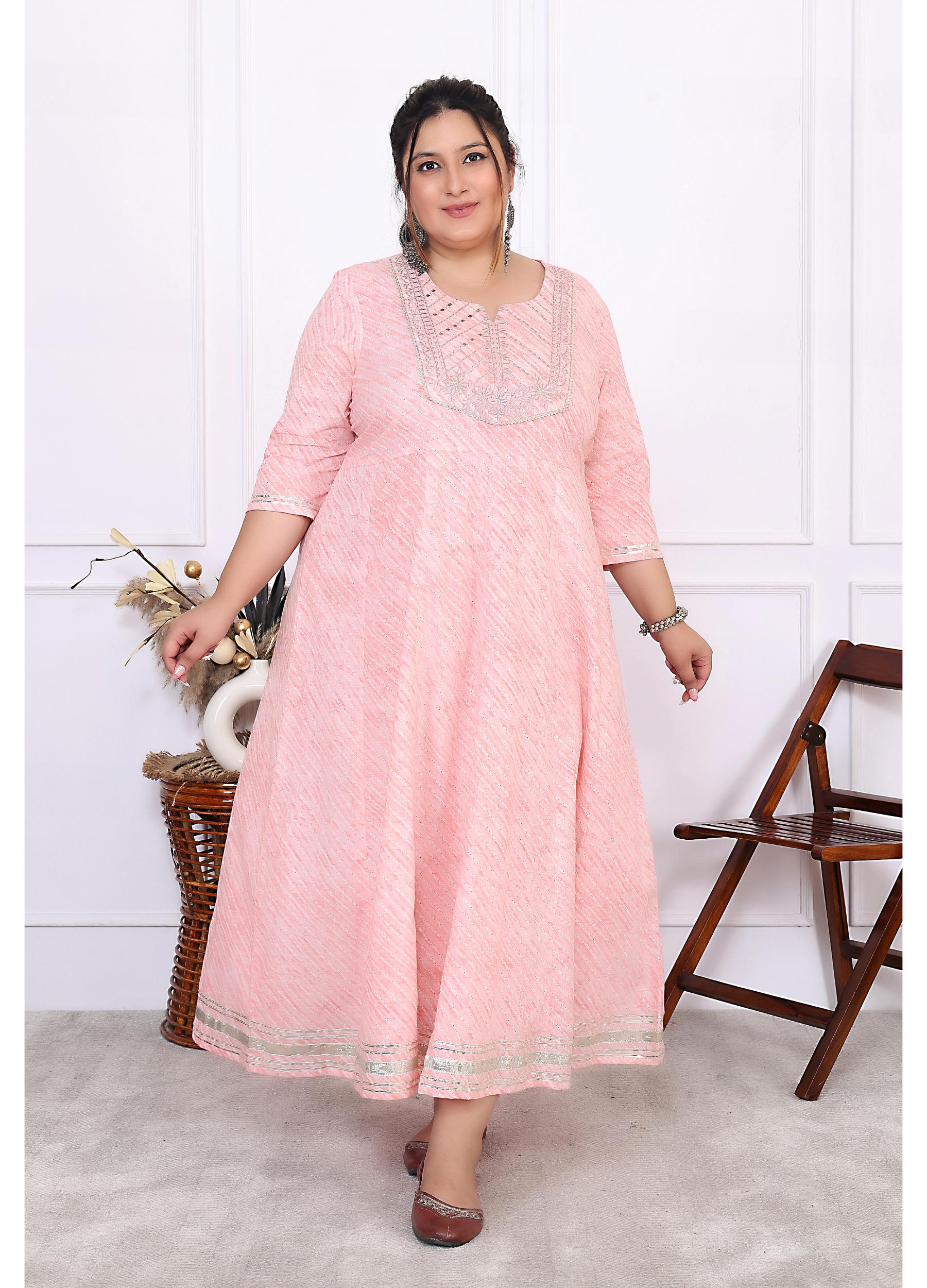 Plus Size Pink Cotton Leheriya Print Embroidered Long Kurta (B17-Pink)