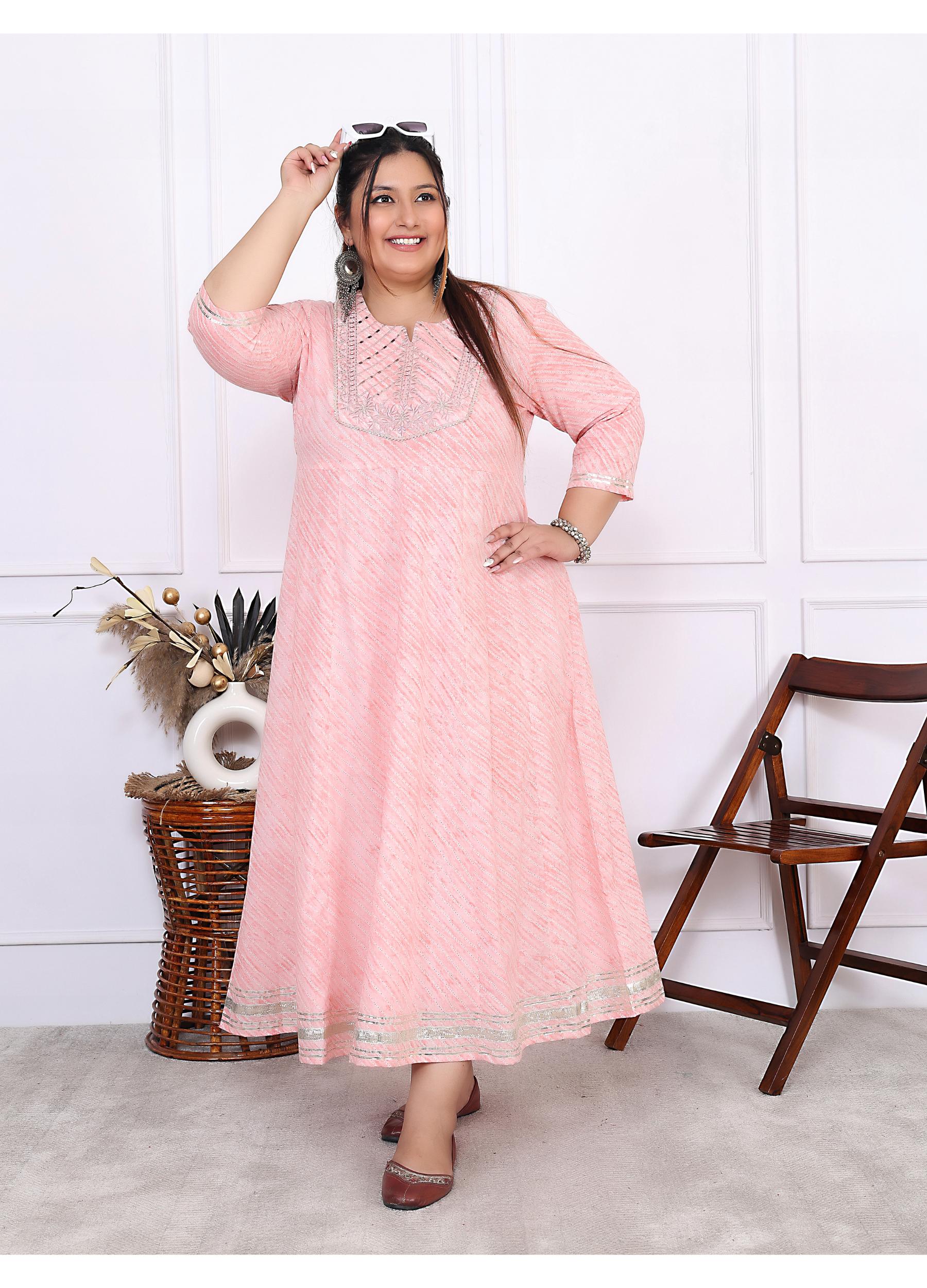 Plus Size Pink Cotton Leheriya Print Embroidered Long Kurta (B17-Pink)