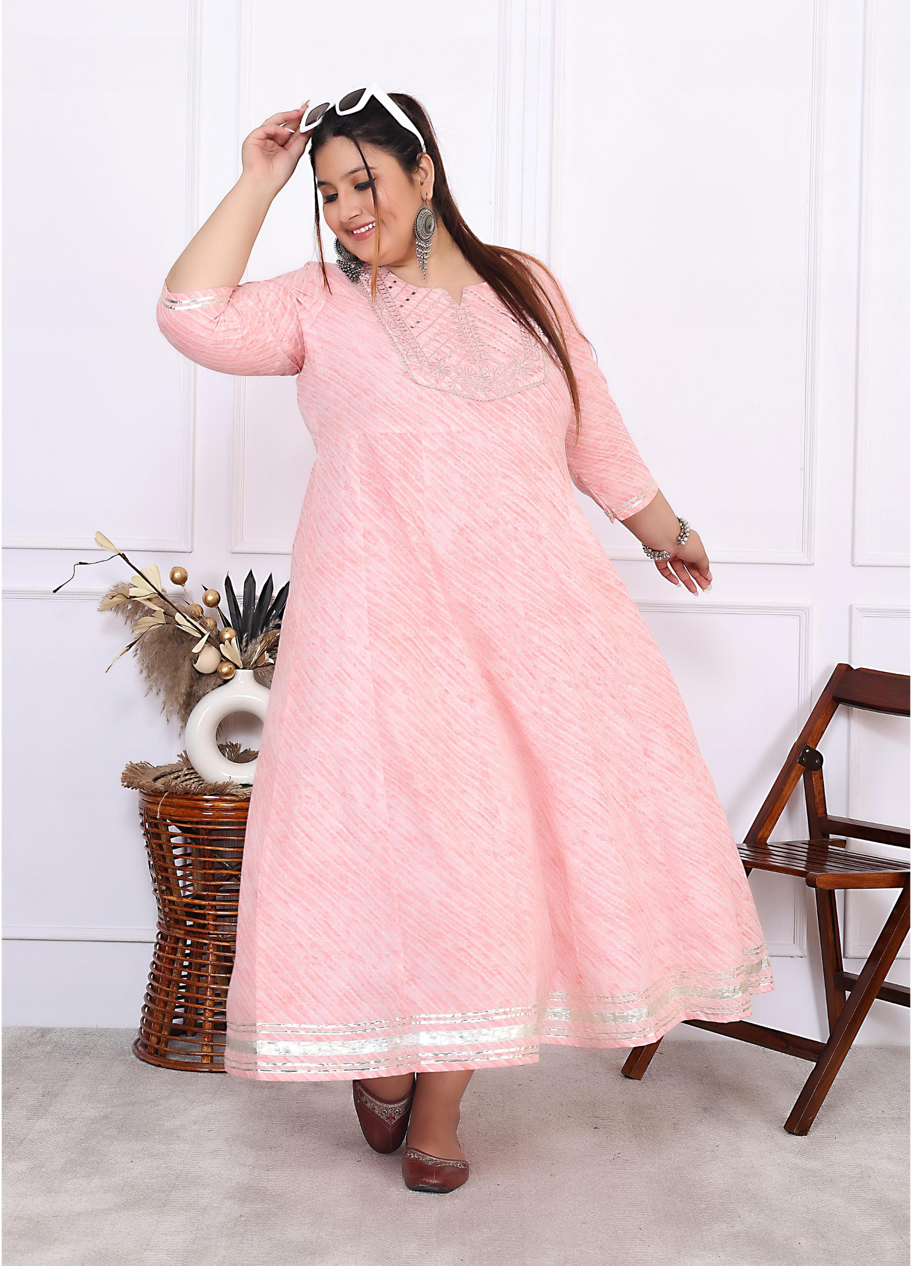 Plus Size Pink Cotton Leheriya Print Embroidered Long Kurta (B17-Pink)