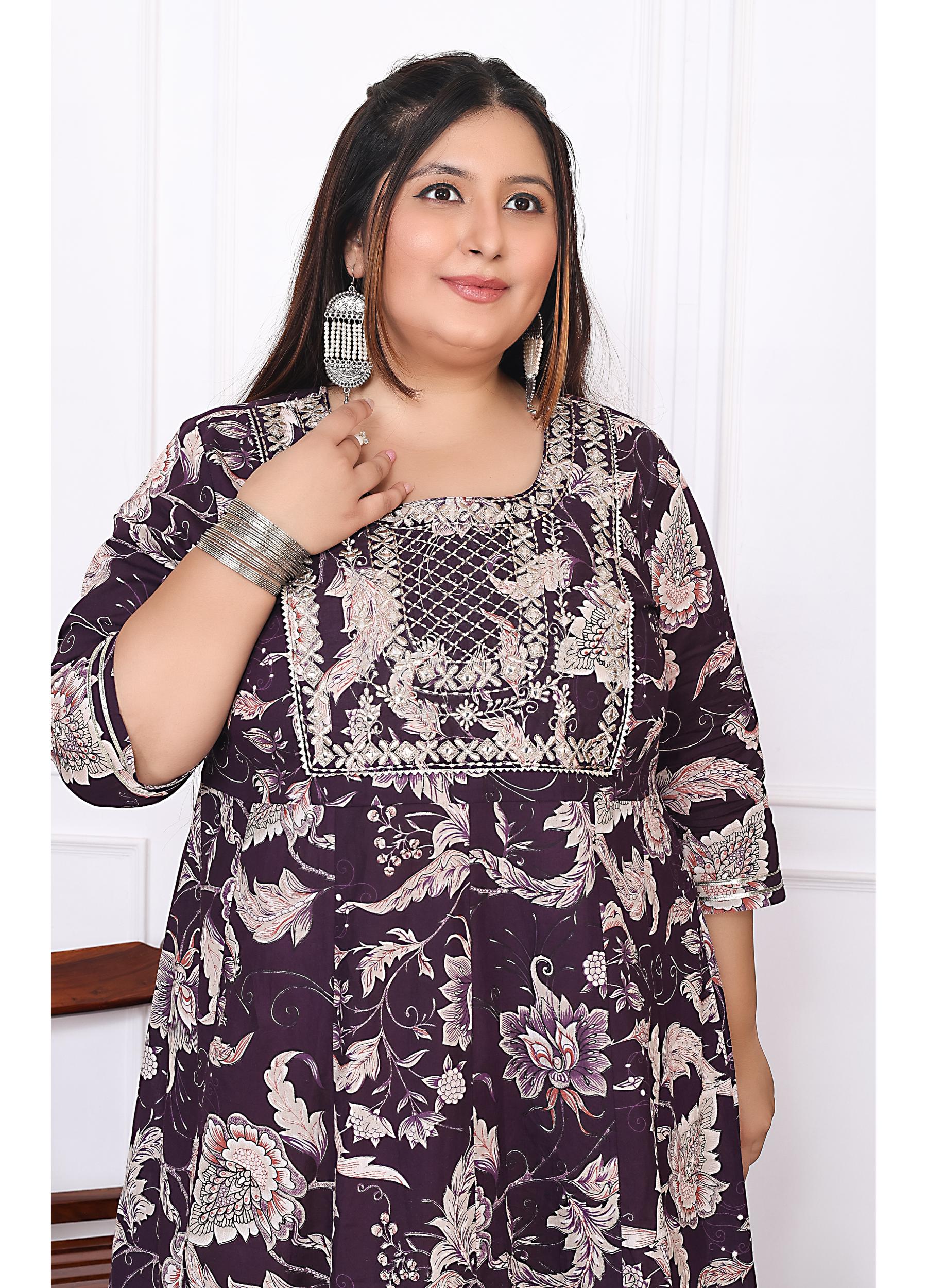 Plus Size Brown Cotton Floral Print Embroidered Long Kurta (B18-Brown)