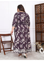 Plus Size Brown Cotton Floral Print Embroidered Long Kurta (B18-Brown)