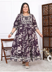 Plus Size Brown Cotton Floral Print Embroidered Long Kurta (B18-Brown)