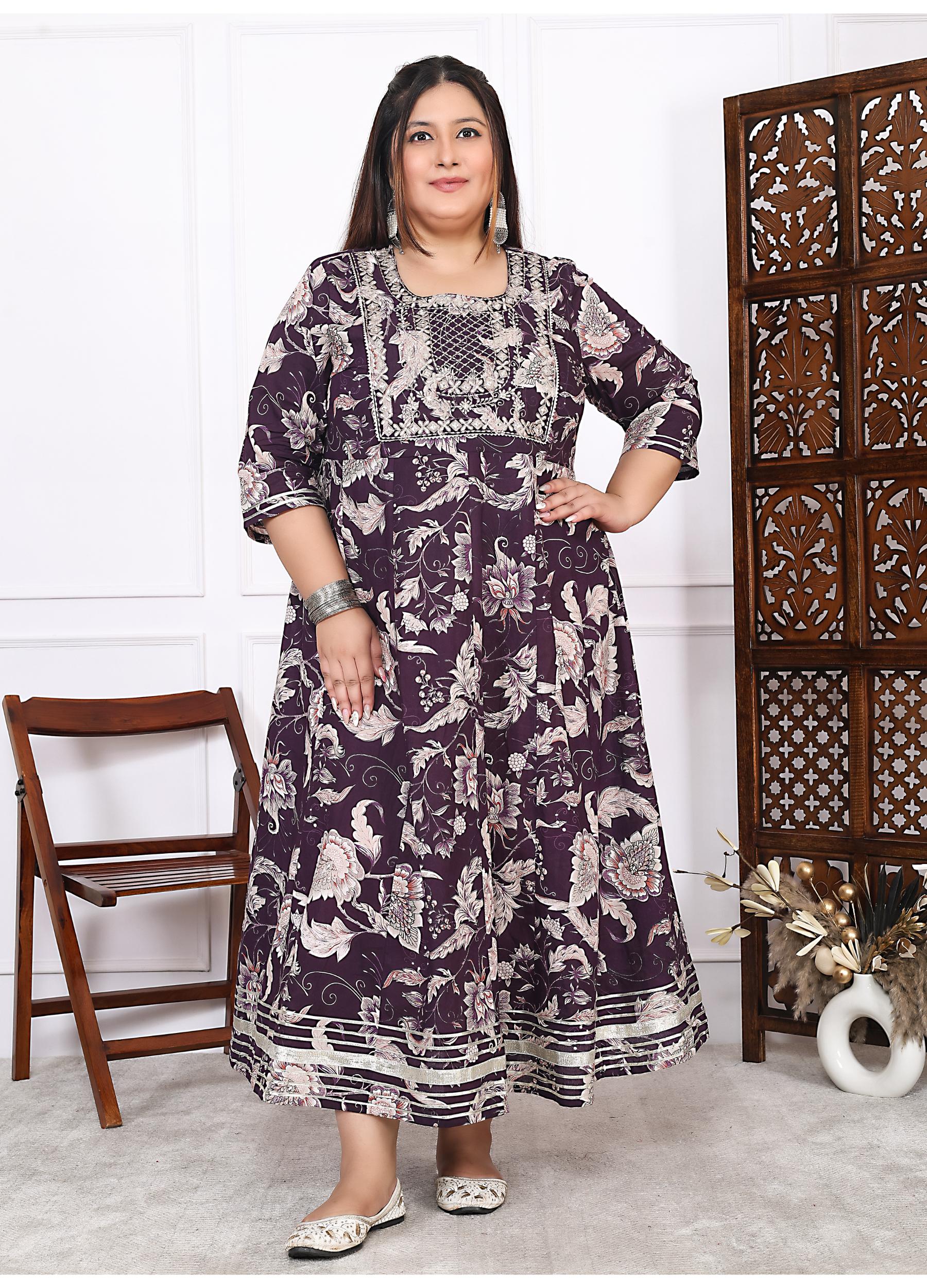 Plus Size Brown Cotton Floral Print Embroidered Long Kurta (B18-Brown)