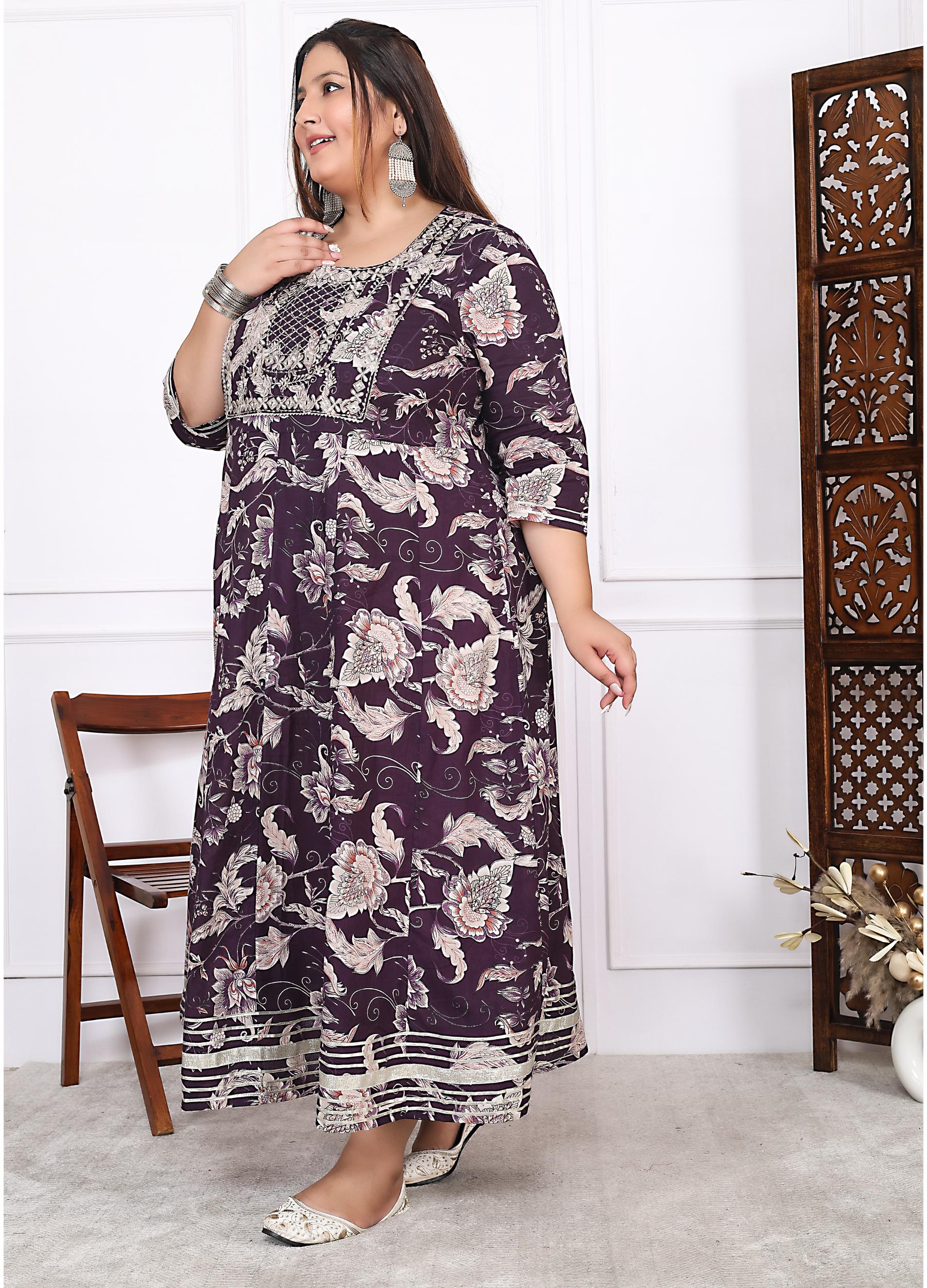 Plus Size Brown Cotton Floral Print Embroidered Long Kurta (B18-Brown)