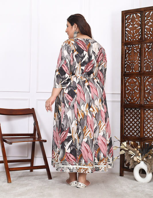 Plus Size Multicolor Cotton Floral Print Embroidered Long Kurta (B19-Multicolor)