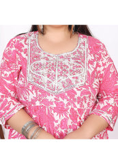 Plus Size Pink Cotton Floral Print Embroidered Long Kurta (B20-Pink)