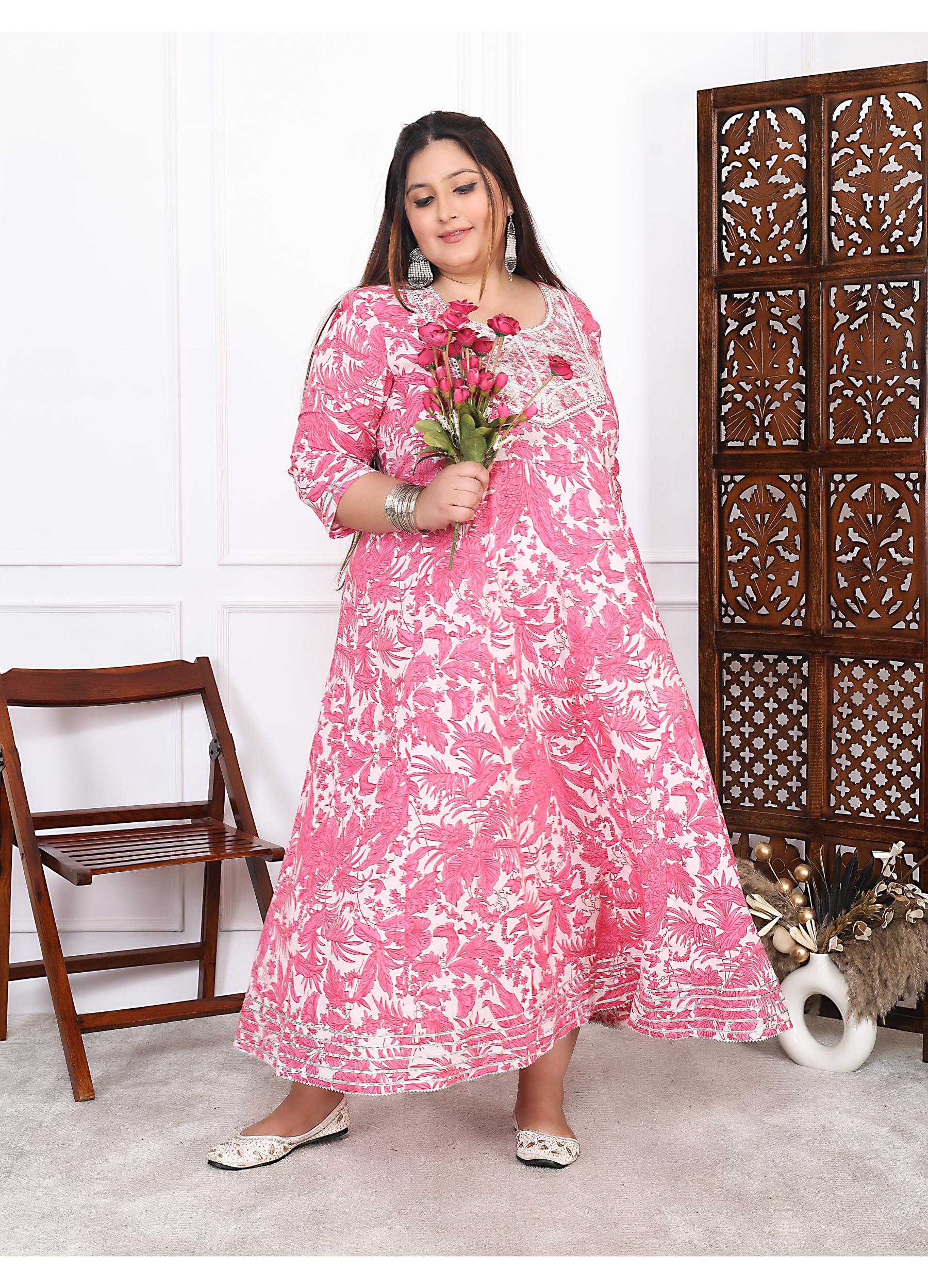 Plus Size Pink Cotton Floral Print Embroidered Long Kurta (B20-Pink)