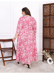 Plus Size Pink Cotton Floral Print Embroidered Long Kurta (B20-Pink)