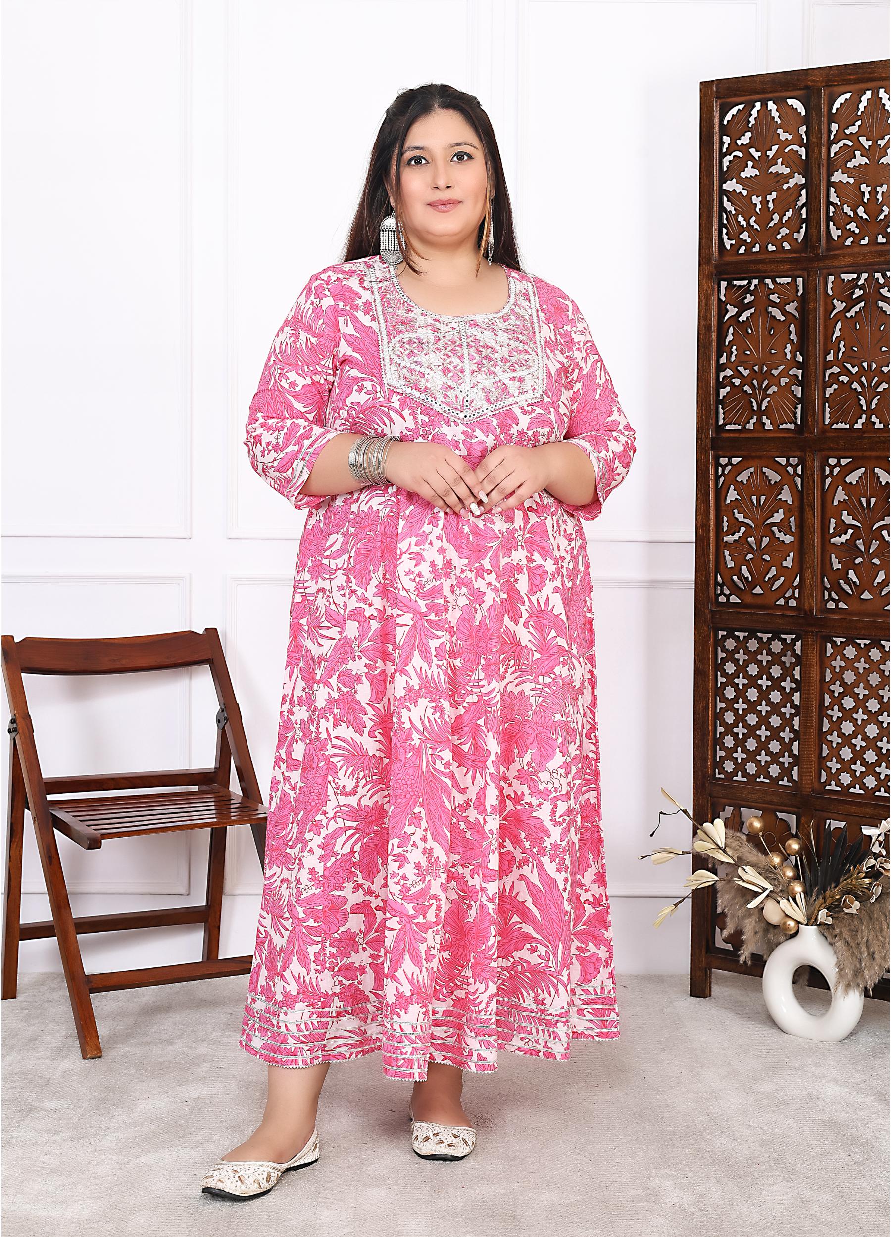 Plus Size Pink Cotton Floral Print Embroidered Long Kurta (B20-Pink)