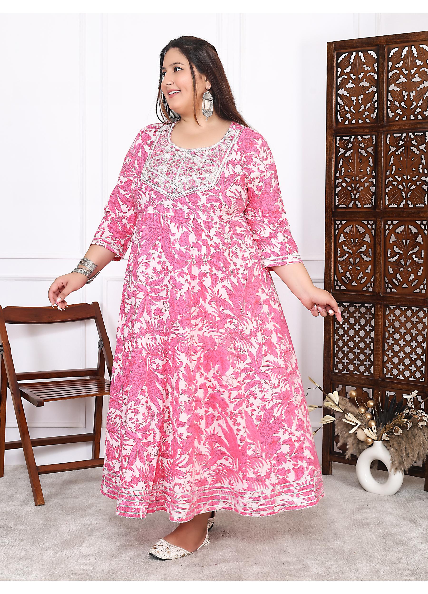 Plus Size Pink Cotton Floral Print Embroidered Long Kurta (B20-Pink)