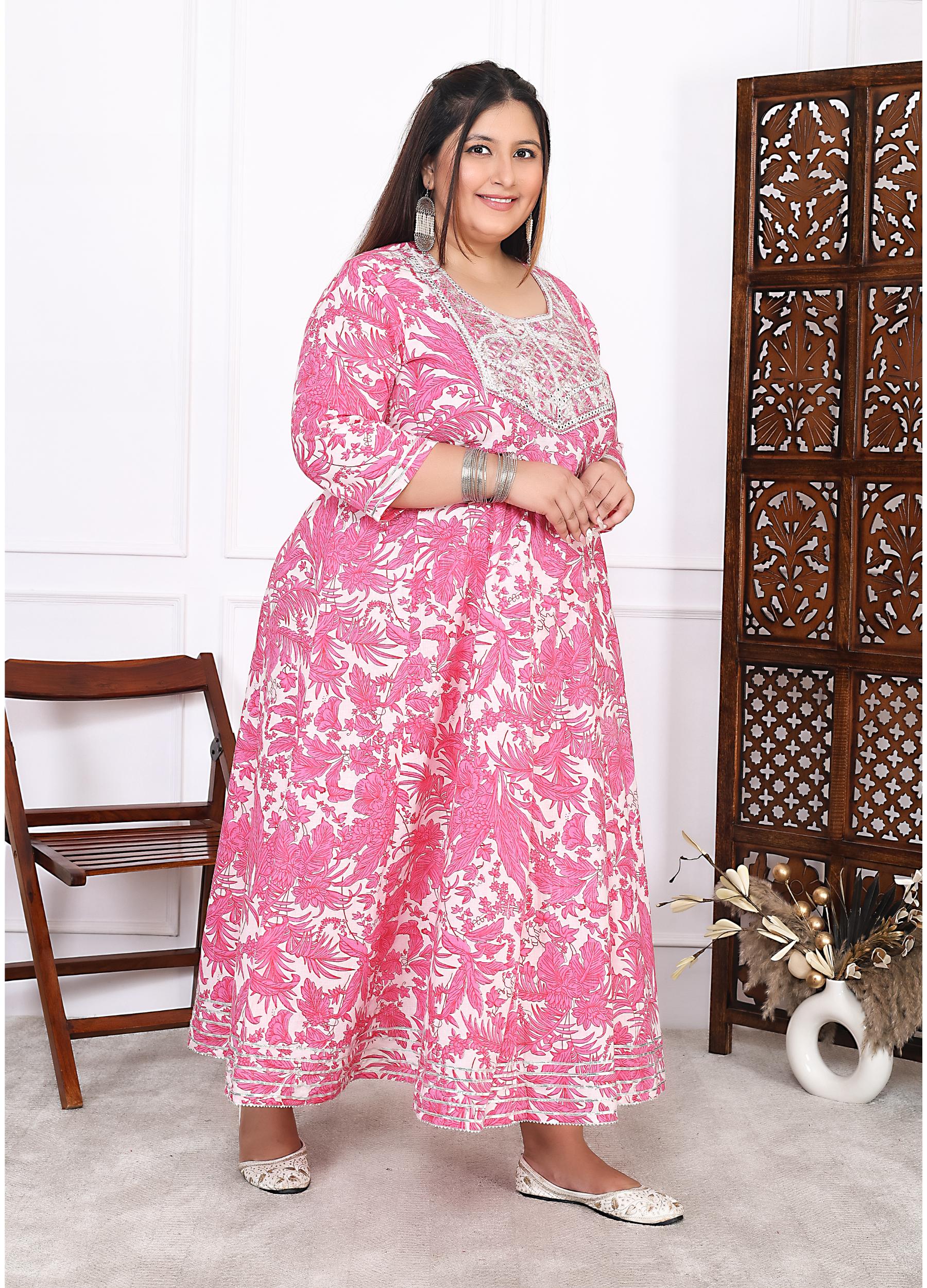 Plus Size Pink Cotton Floral Print Embroidered Long Kurta (B20-Pink)