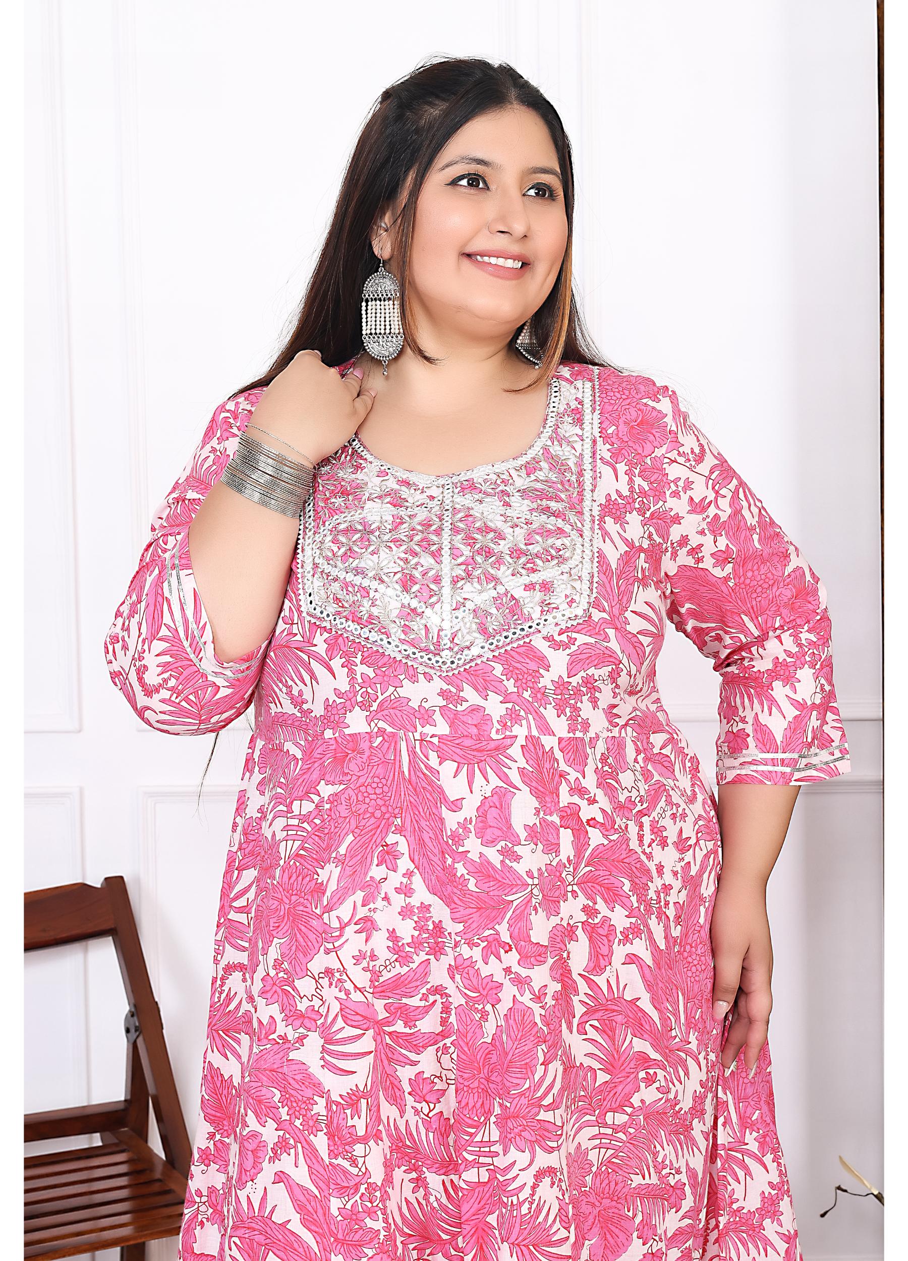 Plus Size Pink Cotton Floral Print Embroidered Long Kurta (B20-Pink)