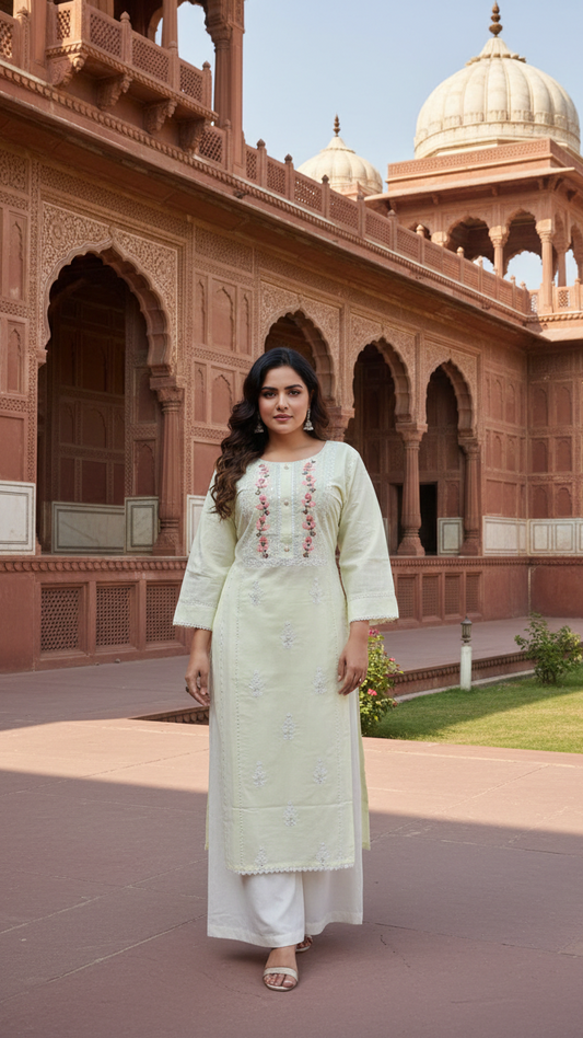 Pastel Green Floral Embroidered Cotton Shiffly Kurti for Women