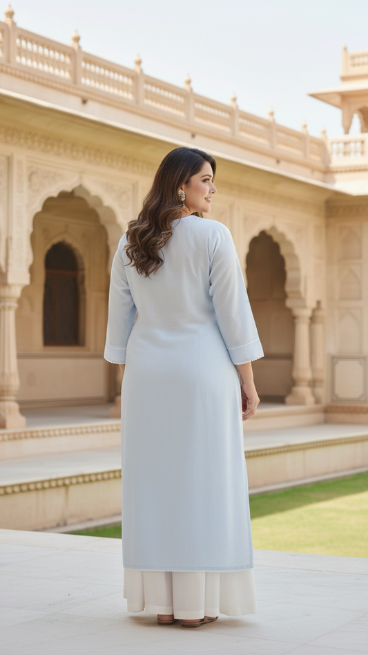 Sky Blue Embroidered Cotton Shiffly Kurti for Women |Elegant Ethnic Wear