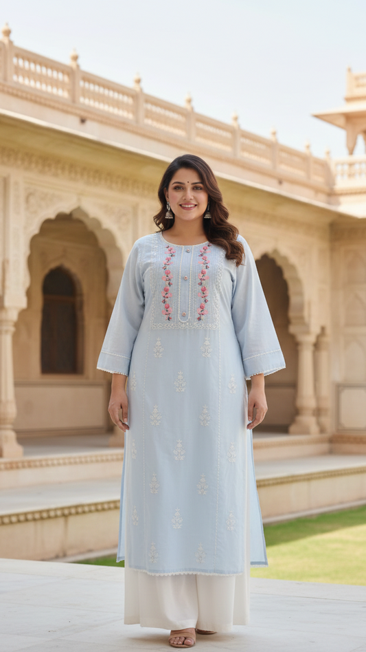 Sky Blue Embroidered Cotton Shiffly Kurti for Women |Elegant Ethnic Wear
