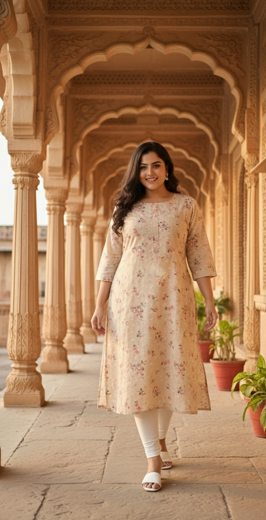 Beige Floral Printed Cotton Shiffly Kurti for Women |Elegant Everyday Ethnic Wear