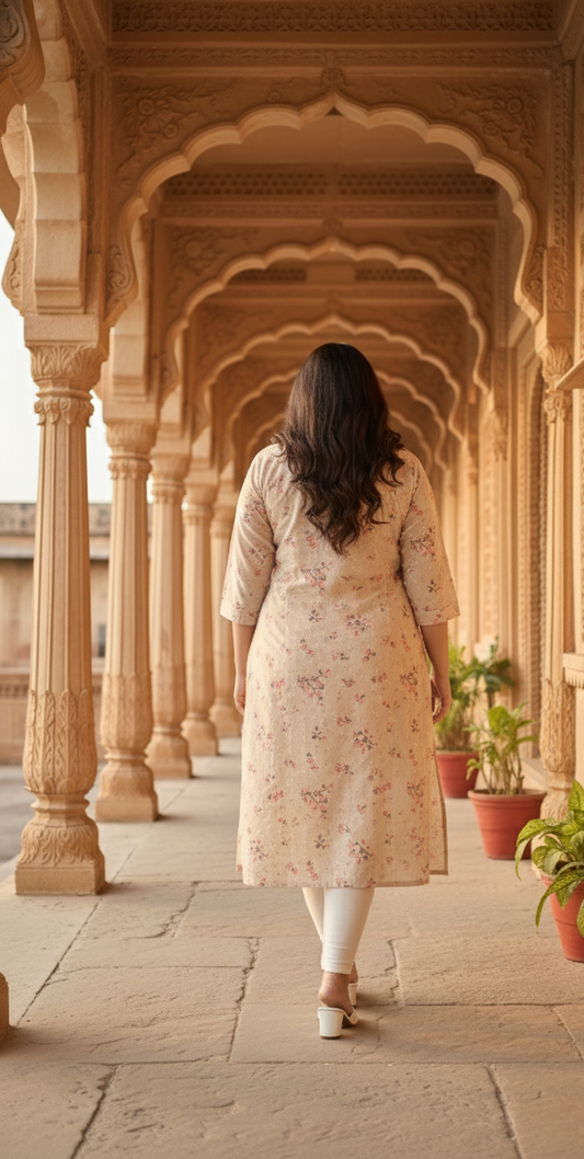 Beige Floral Printed Cotton Shiffly Kurti for Women |Elegant Everyday Ethnic Wear