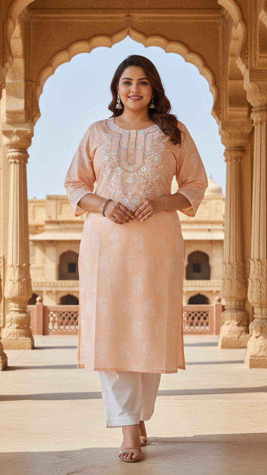 Premium Peach Cotton Shiffly  Embroidered Kurti for Women | Elegant Straight Fit Ethnic Wear