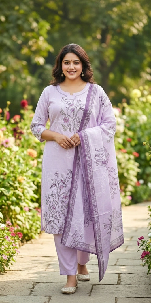 Lavender Floral Cotton Kurta Set with Dupatta | Women’s 3-Piece Ethnic Suit Set
