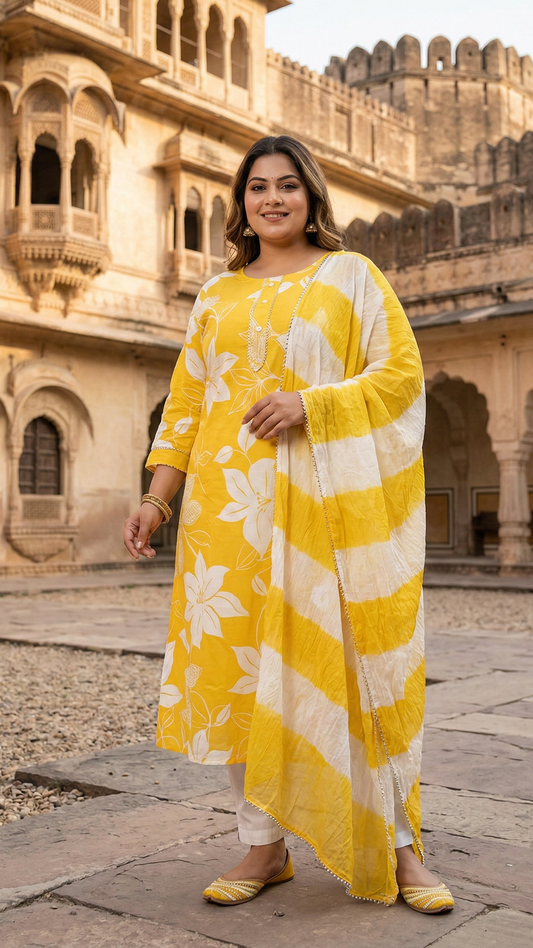 Sunshine Yellow Floral Rayon Kurta Set with Dupatta | Women’s 3-Piece Ethnic Suit