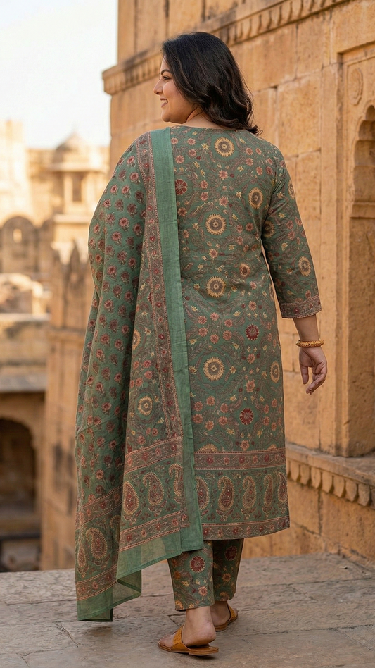 Olive Green Printed Cotton Kurta Set with Dupatta | Elegant 3-Piece Ethnic Suit for Women
