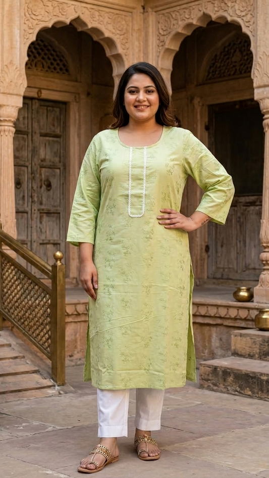 Pastel Green Cotton Printed Straight Kurti for Women | Comfortable Daily Wear Kurti (1 Pc)