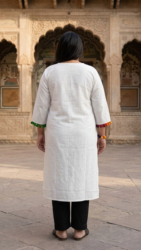 White Cotton Kurti with Multicolor Pom-Pom Detailing | Straight Fit Casual & Festive Kurti (1 Pc)