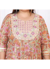 Plus Size Peach Cotton Floral Print Embroidered Long Kurta (B22-Peach)