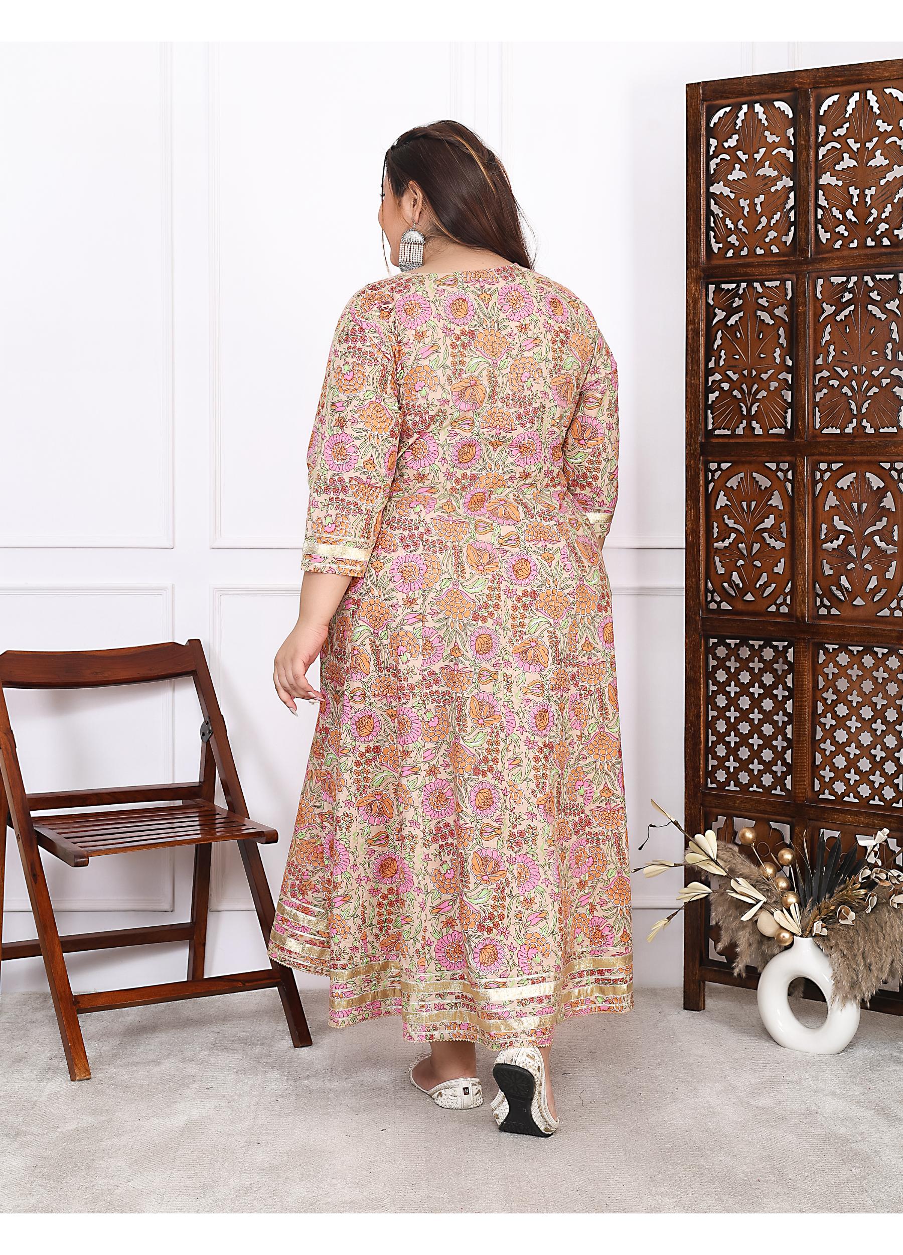 Plus Size Peach Cotton Floral Print Embroidered Long Kurta (B22-Peach)