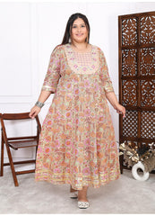 Plus Size Peach Cotton Floral Print Embroidered Long Kurta (B22-Peach)