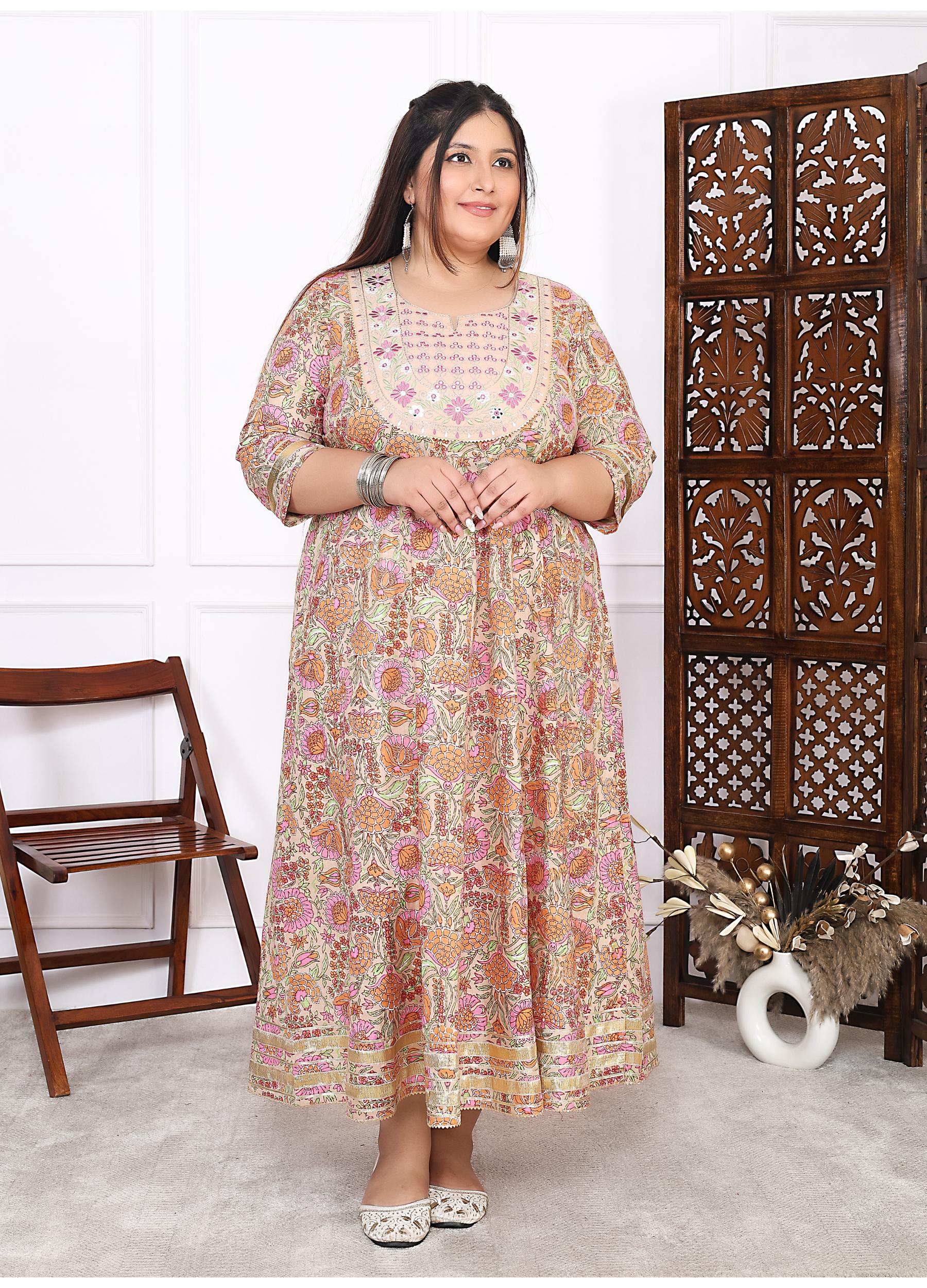 Plus Size Peach Cotton Floral Print Embroidered Long Kurta (B22-Peach)