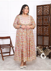 Plus Size Peach Cotton Floral Print Embroidered Long Kurta (B22-Peach)